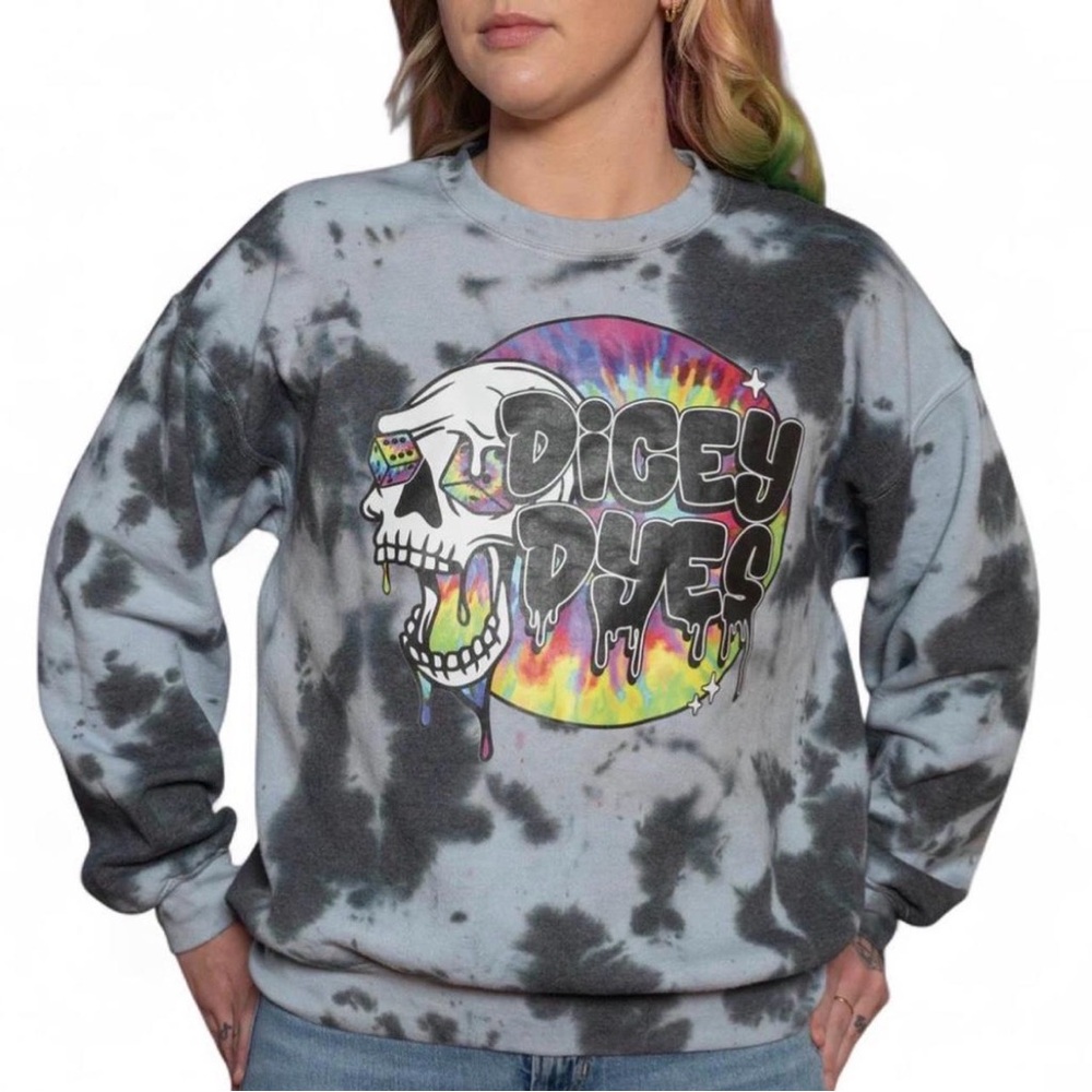 Dicey Dyes Rainbow Tie-Dye Sweatshirt with Skull Graphic